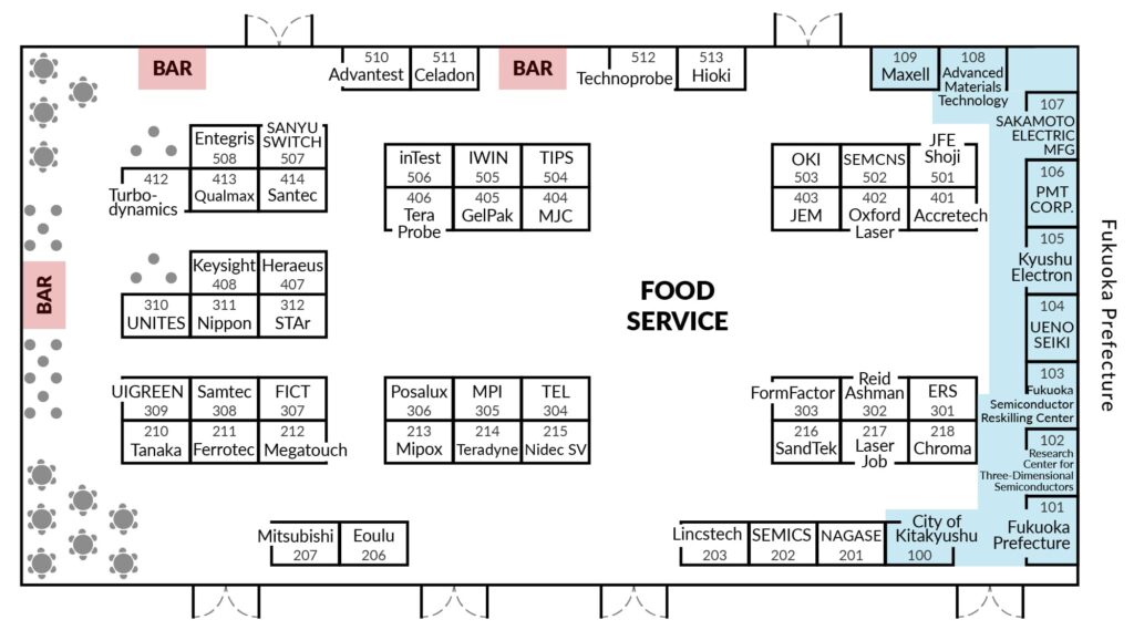 SWTest Asia expo floorplan showing booth layout along the edges and clusters in the middle with food service in the middle and three bar locations on the back wall.